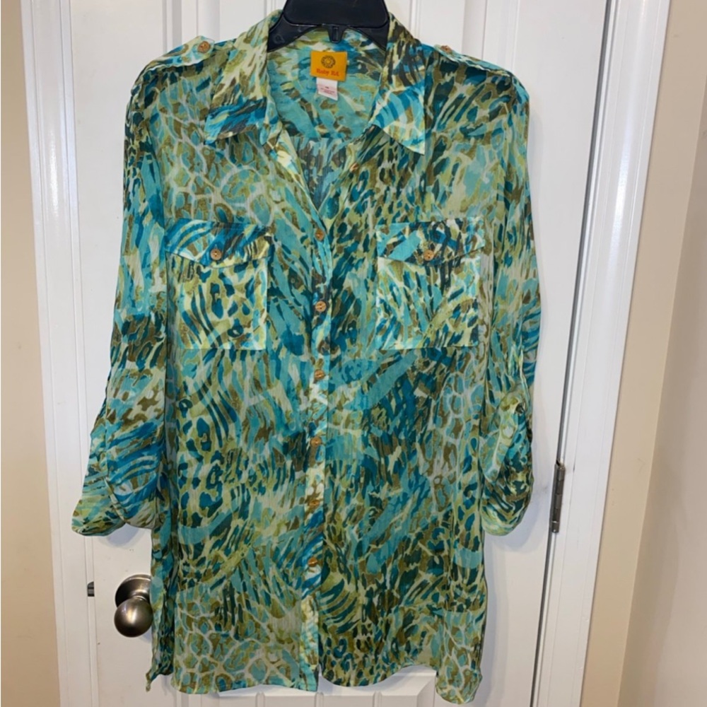 Ruby Rd. Blue And Green Patterned Button Down Shi… - image 2